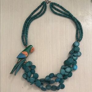 Handcrafted Parrot Necklace - Teal and Orange vintage tropical wooden 80s kitsch